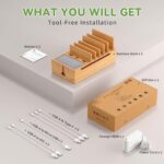 Pezin & Hulin Cell Phone Charging Station for Multi Devices-Natural Bamboo | All in One Desktop Charger Organizer, with Power USB Charge Adapter and 6 Cables, Use As Power Strip Hidden Box - Image 2