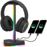 RGB Headphones Stand with 1 USB-C Data Transmission& 3 Type-C Charging Port, Desk Gaming Headset Holder with 7 Light Modes and Non-Slip Rubber Base (Black) - Image 2
