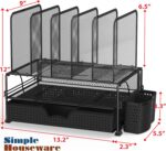 Simple Houseware Desk File Organizer for Office Supplies w/Drawer, Black | Double Tray, Pencil Holder, and 5 Upright Sections with Sliding Drawer - Image 2