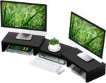 TAVR Monitor Stand Riser, Office Desktop Organizer Stand for 2 Monitors | Adjustable Length and Angle 3 Shelf, Extra Long Multifunctional Wooden Stand up to 43.3" fit Computer, Laptop, TV, Black - Image 2