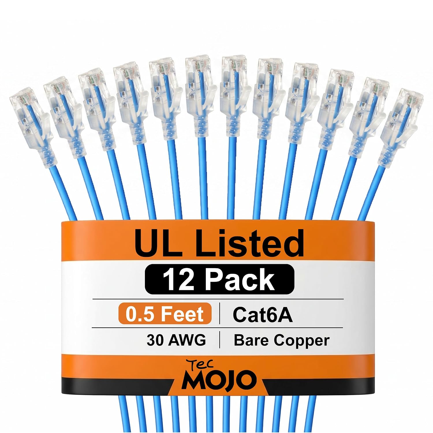 Tecmojo UL Listed Ultra-Slim Cat6a 0.5ft Ethernet Patch Cable, 30AWG 100% Pure Copper, 10Gbps Network Cable for Router, Modem, Laptop, Servers, 12-Pack, Blue - Image 2
