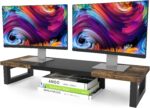 WESTREE Dual Monitor Stand Riser, Wood and Steel Multi-Purpose Desktop Storage Stand for 2 Monitors for Computer, Laptop, Printer, TV, Rustic Brown - Image 2