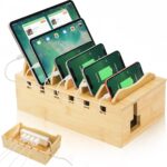 WRINGKIT Bamboo Charging Station for Multiple Devices, Desktop Charging Organizer with Removable Divider Slots, Docking Stations Stand for 6 Devices, Compatible with Tablets, iPads, Cell Phone, Laptop - Image 2