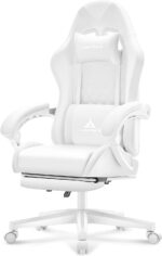 White Gaming Chair,Ergonomic Massage Office Desk Chair with Footrest | Pocket Spring Cushion,Reclining,Thick High Back,Headrest and Lumbar Support,Adjustable Leather Computer Chair Gamer Chair - Image 2