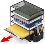 Simple Houseware 5-Tier Desk File Organizer w/Drawer & Pen Holder, Black | Desktop Tray Organizer for A4 Paper, Mail and Documents - Image 3