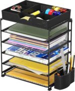 Simple Houseware 5-Tier Desk File Organizer w/Drawer & Pen Holder, Black | Desktop Tray Organizer for A4 Paper, Mail and Documents - Image 8