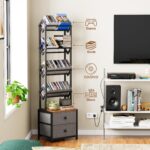 CD Storage Rack, DVD Storage Shelf Tower, Tilted Style | 5-Tier Compact Media Shelf with Fabric Drawers, Fits DVDs, Video Games, Books, For Living Room & Home Office, 58.7 in Tall - Image 4