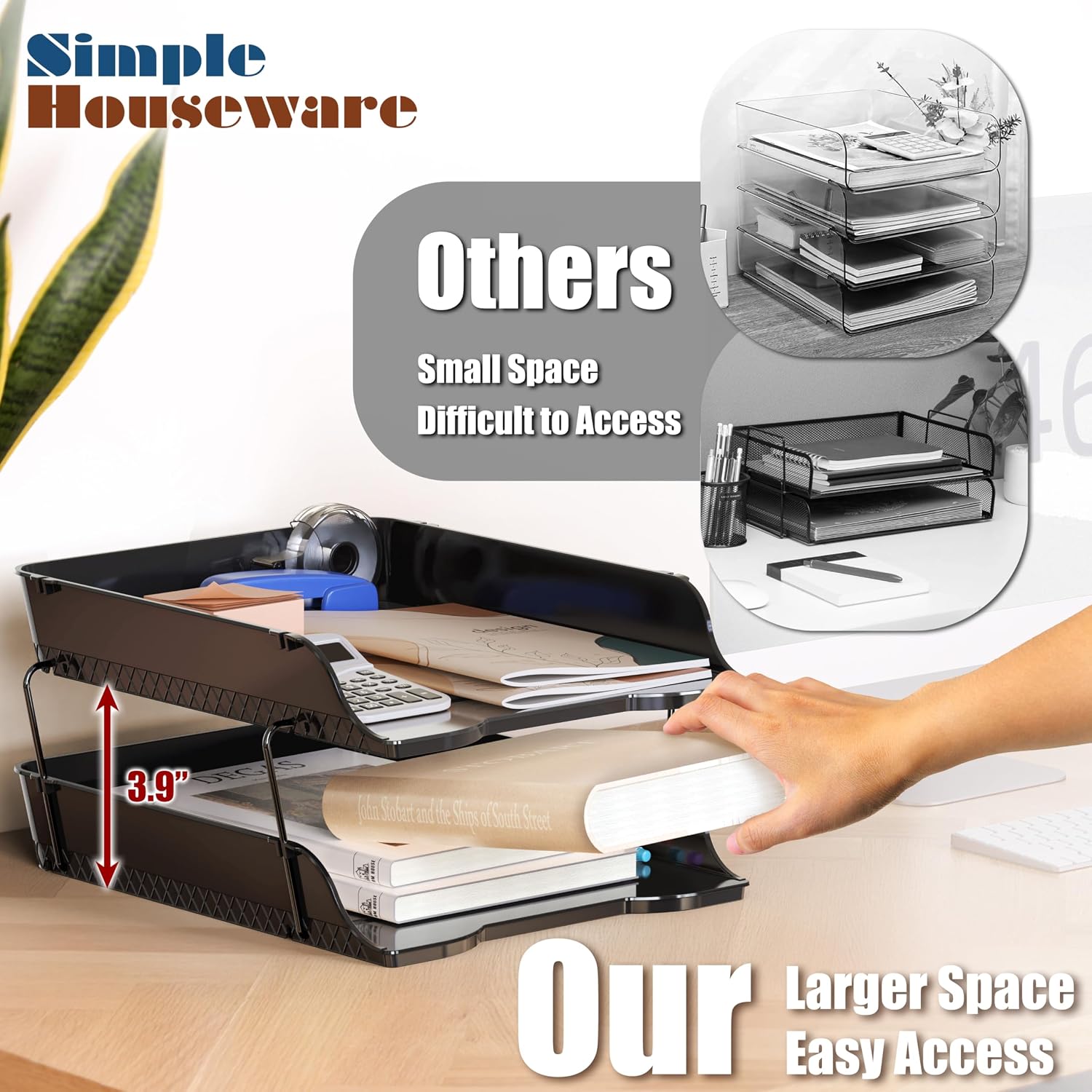 Simple Houseware 2-Tier Stackable Paper Tray for Desk Organizer, Black | Desktop File Holder for A4/Letter Size Documents, File Sorter, Paper Holder, Office File & Accessories Storage - Image 3
