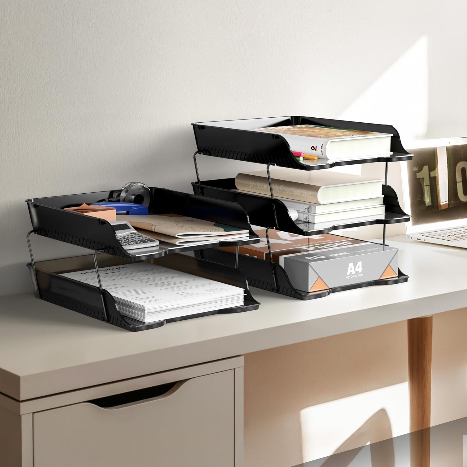 Simple Houseware 2-Tier Stackable Paper Tray for Desk Organizer, Black | Desktop File Holder for A4/Letter Size Documents, File Sorter, Paper Holder, Office File & Accessories Storage - Image 4