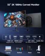 KTC 32 Inch Curved Gaming Monitor, QHD 180Hz Monitos 1440P oc 185Hz, H32S5 | 2K 2560x1440 Curve Monitor Gamer 1500R, 1MS w/ Adaptive Sync, 5000:1, HDMI Displayport, Tiltable, Eye Care, Vesa Mount - Image 8
