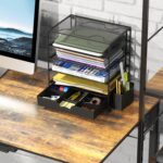 Simple Houseware 5-Tier Desk File Organizer w/Drawer & Pen Holder, Black | Desktop Tray Organizer for A4 Paper, Mail and Documents - Image 2